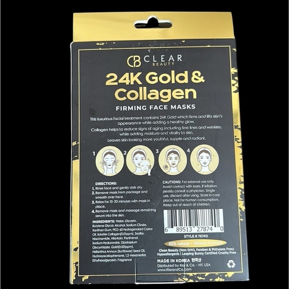 Clair Beauty 24K Gold & Collagen Firming Face Masks Pk of 5 NEW IN BOX - Picture 2 of 2